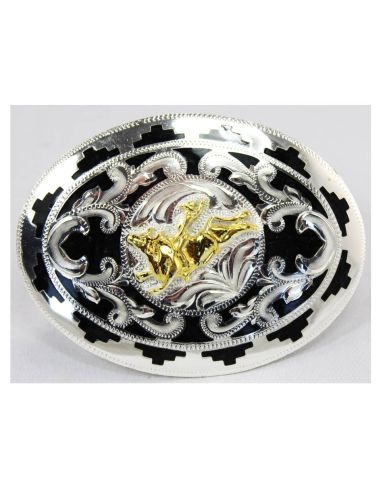 FIBBIA ARGENTO FONDO NERO FIGURINE RODEO DORATO FIBBIA ARGENTO FONDO NERO FIGURINE RODEO DORATO